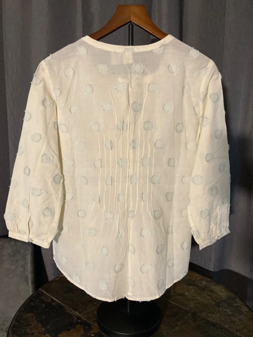 Johnny Cotton Breezy Blouse Boho Casual Coastal Cream and Blue Dots Sz S*